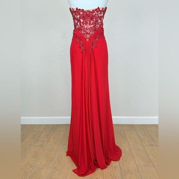 Cache Cherry Red Sheer Floral Back  Strapless Illusion Gown w/ AB Rhinestones 8 - Picture 5 of 16